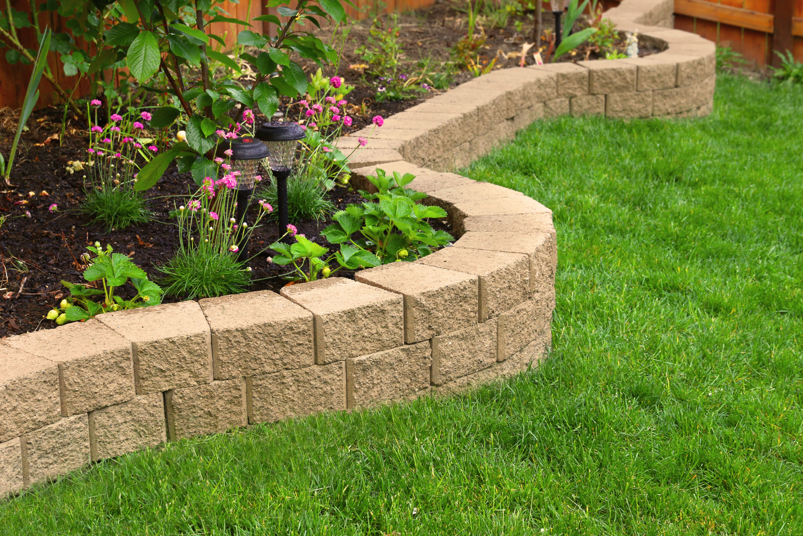 stone wall with perfect grass landscaping in garden